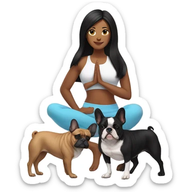 latin women with long black hair in yoga outfit standing alongside two french bulldogs  sticker