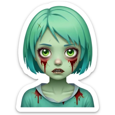 cartoon zombie girl with short turquoise hair bob cut, green decaying skin, bloody scars sticker