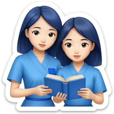pretty asian two girls sitting reading blue books sticker