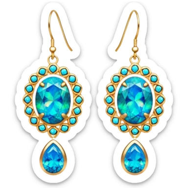 8k, 10000px, isolated, 3D rendering, very glamorous style, hyper realistic sparkling gold earrings, with detailed, realistic, vivid multicolors, multidimensional sparkle, black opal gemstones in the center of each earring. Include more turquoise blue sticker