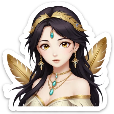 Beautiful gorgeous anime lady with beautiful dark-brown-special-hair, fashion aesthetic, ethereal, feather, accessories, gold jewelries, gold, colorful,  sticker