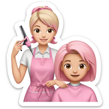 happy woman in pink apron getting a haircut from smiling female hairstylist sticker