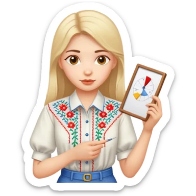 A Ukrainian girl in an embroidered shirt holds a diagram sticker