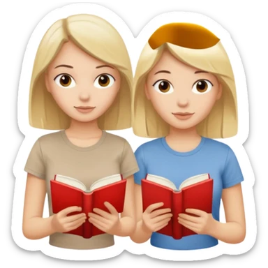 Two beautiful girls read book. Brunette and blonde in beige T-shirts  sticker