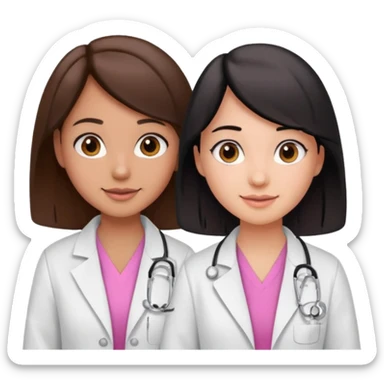 cientificas con blusa rosa y bata blanca felices, una chica con pelo marrón y otra chica un poco mas pequeña con pelo negro, deben tener la piel un poco brinceadas sticker