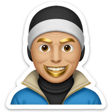 A bald guy wearing a ski mask with gold teeth sticker