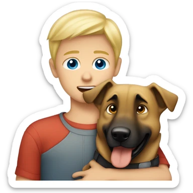 blond boy with blue eyes who hugs his Malinois tightly because he is afraid  sticker