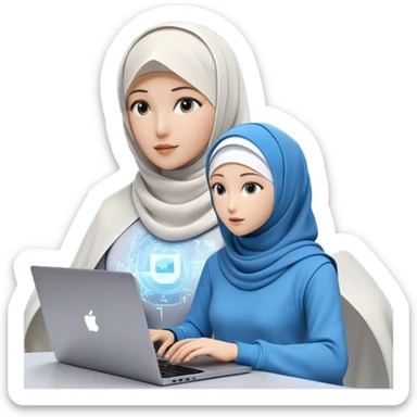 computer engineer with white hijab wearing blue outfit, with her metaverse creation coming to life around her, digital elements and code escaping from the screen behind her, virtual objects and holograms materializing in 3D space around her, laptop in front of her, her digital world extending beyond the screen into reality sticker