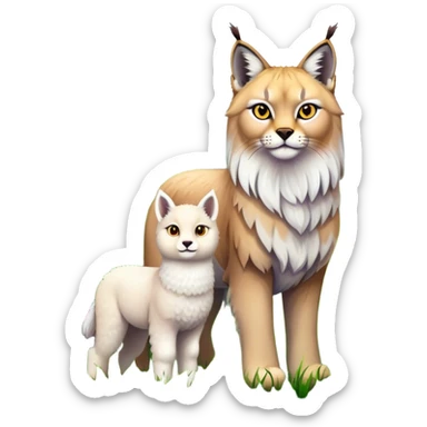 Collage of exotic animals: a lynx with striking eyes, and a fluffy alpaca standing in a lush meadow. The lynx gazes intently while the alpaca looks calm and curious. Surrounded by vibrant plants and flowers. Transparent background for a lively, colorful scene. sticker