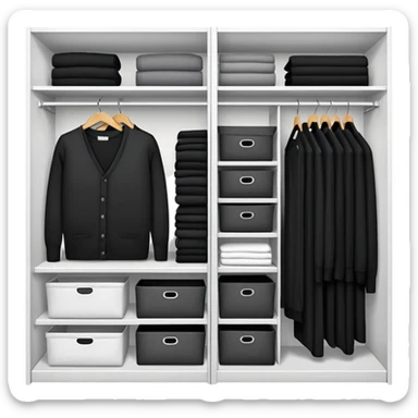 Closet organizer with visible compartments filled with black long sleeve shirts, sweaters and work clothes sticker