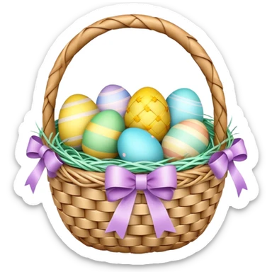 3D emoji of a colorful Easter basket filled with decorated eggs, pastel ribbons, and a woven texture in glossy emoji style. sticker