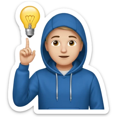 startup founder in casual hoodie, light bulb above head, finger pointing up, emoji style sticker