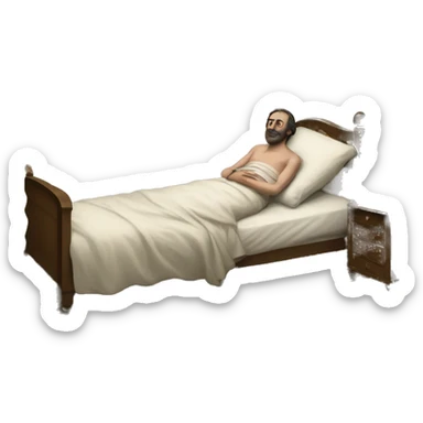 A sick man on a bed in 1870 sticker