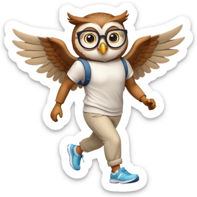 friendly anthropomorphised owl with wings instead of arms, in pants and a shirt, wearing glasses, jogging upright, relaxed pose sticker