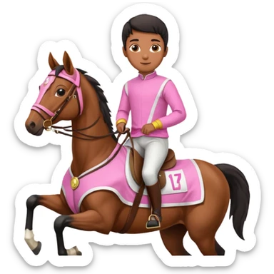 black boy riding horse wearing racing cloth pink sticker