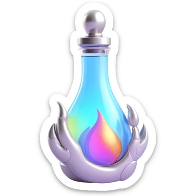 luxurious elixir bottle in monster paw shape, vibrant color, silver and holographic details, many magical effects, very small neck, seamless bottom, bottle floating in air, no base or shadow, modern, collection style sticker