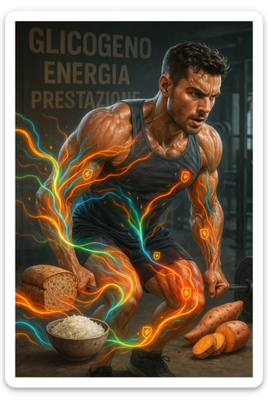 Uomo atletico di circa 30 anni durante un allenamento intenso in palestra, con muscoli ben definiti e sudati. Intorno a lui si visualizzano flussi energetici colorati che partono da fonti di carboidrati (pane integrale, riso, patate dolci) e si dirigono verso i suoi muscoli. I muscoli appaiono attivi, tesi e in pieno sforzo, con piccoli simboli di 'carburante' o energia che entrano nei tessuti. Espressione concentrata e potente. Sullo sfondo, parole come 'glicogeno', 'energia', 'prestazione'. Atmosfera dinamica, intensa e positiva. in italiano sticker