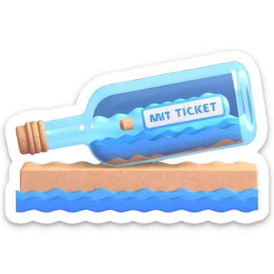 blue ticket inside a transparent glass bottle with cork, floating on gentle waves sticker