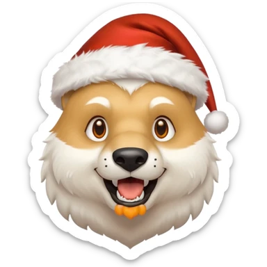 Polar bear and wolf hybrid with sabertooth fangs; light orange eyes; smiling; wearing a Santa hat  sticker