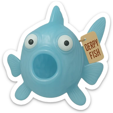 Edit the image to change the retro toy tag on the fin to say 'Derpy Fish'. Make sure the fish is looking perfectly straight at the camera. Keep the see-through, semi-transparent blue plastic, eyes going in opposite directions, hyper-detailed, soft plastic 90's toy look. Remove the background. The style should reflect a see-through, semi-transparent blue plastic 90's toy with hyper-detailed soft plastic texture and derpy eyes. sticker