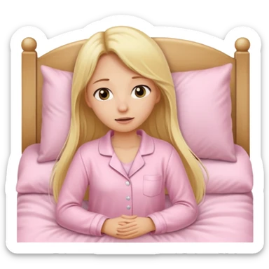 A girl in a light pink pajama wakes up in bed, her hair long, blonde, and straight. sticker