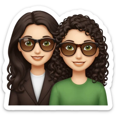 Two besites in sunglasses, 1: long ironed straight darkbrown hair, green eyes, 2: long curly darkbrown hair, brown eyes sticker