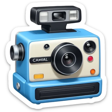 A hand-drawn doodle in a minimalist, cartoon style of a [instant camera]. The object is white with thick, rough, black marker outlines and two small black dot eyes. It is a simple sketch with no realistic textures, centered on a solid [blue] circular background." sticker