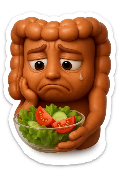 EMOJI STILE IPHONE DI UN INTESTINO UMANO ANATOMICO CHE GUARDA UN INSALATA CON ESPRESSIONE TRISTE E RASSEGNATA IN VOLTO: SOFFRE LA FAME PERCHé è A DIETA, FAGLI ANCHE LA PARTE BIANCA DEGLI OCCHI, NON SOLO LE PUPILLE, IPERREALISTICO 4K sticker
