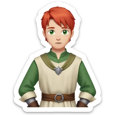 medieval spring outfit worn by a DnD themed fantasy male character. fine linen tunic with a buttoned neckline and a sash tied loosely at the waist. clothes only above the waist. The clothes full waist. The character's haven't arms. character is white-skinned, red hair, green eyes, short straight hair. sticker