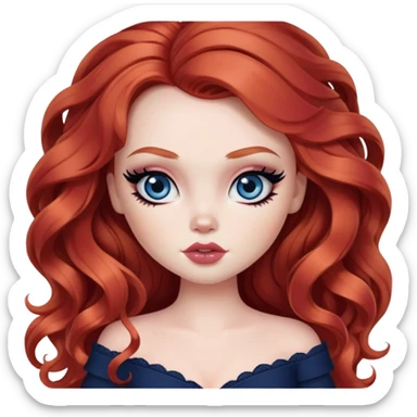  long wavy red hair, pale skin, dark blue eyes, pretty bratz baddie, black eyeliner, blush sticker