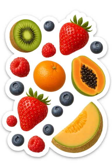 emoji stile iphone 3d di kiwi, fragole, lamponi, mirtilli, ananas, mandarini, papaya, melone cantalupo
 che fluttuano in aria, iperealistico 4k sticker
