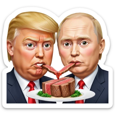 photorealistic Donald Trump and Putin eating a steak shaped like an piece of land sticker