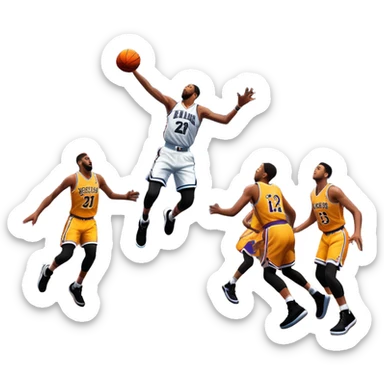 An icon showing a basketball court with players in action, inspired by NBA 2K25. A player jumps for a dunk, the ball mid-air, surrounded by a vibrant basketball arena with cheering fans and bright lights. Transparent background emphasizes the intense atmosphere sticker