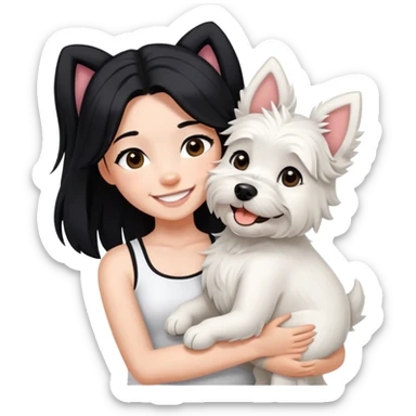 A girl with long black hair to her wearing a white crop top and black legging,she is smiling and hugging a west highland terrier with big ears  sticker