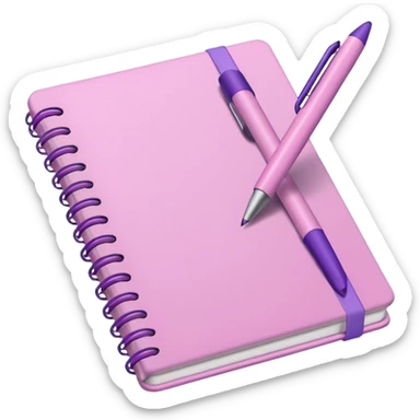 pastel pink notebook with a soft purple pen resting on it, iOS emoji style sticker