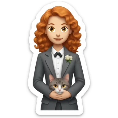 a girl with wavy ginger hair with a grey tuxedo cat sticker