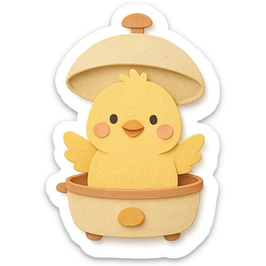 cute chick emerging from an egg cooker lid, smiling, soft yellow colors, full-body sticker