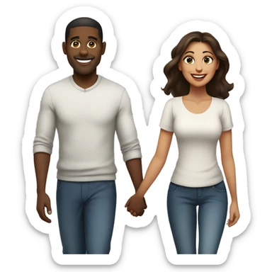 A black man  with medium short hair and a Latina woman with  long brown hair holding hands and walking side by side, smiling and enjoying their time together sticker
