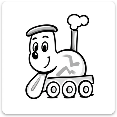 A hand-drawn toy train with a goofy happy expression and a conductor's hat sticker
