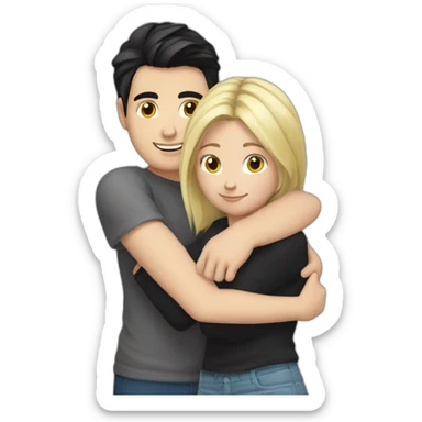 blond white girl hug white boy with black hair with pony-tail sticker