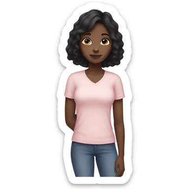 Black girl with black hair wearing a pale pink shirt holding a white cat sticker