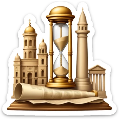 icon featuring ancient scrolls, quill pen with famous historical landmarks and monuments in the background. Large, antique sand clocks with sand pouring out represent the passage of time. Historical figures are depicted as statues. Transparent background. sticker