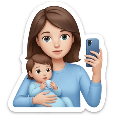 brunette girl with brown hair wearing pastel blue clothes holding a baby and taking a selfie sticker