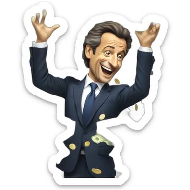 Nicolas Sarkozy throwing money with happy face sticker