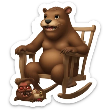 Giant beaver man in rocking chair petting his demon pet sticker