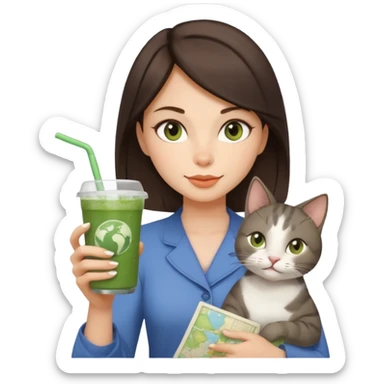 a brunette woman in here 30S drinking an iced matcha, carrying a grey cat and a map of the world sticker