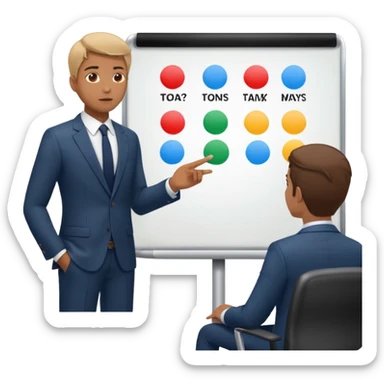 Create a realistic emoji of a person making some decisions in front of a grounp while standing in a office. the team is sitting while the leader stands next to a white board sticker