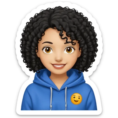 A women with a black curly hair who wear a hoodie and that hoodie have a some smorf sticker