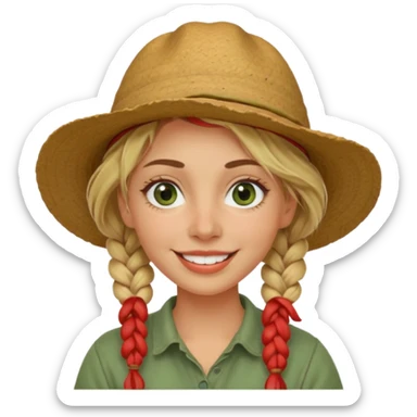messy green clay mask and red tourist hat blond braided woman big eyes smiling and clay mask sticker