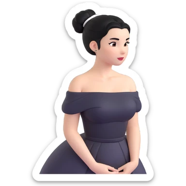 woman with black hair in a bun, black off-shoulder dress, white skin, 3d emoji style sticker